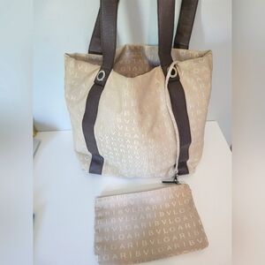 BVLGARI cream fabric tote with two brown leather straps